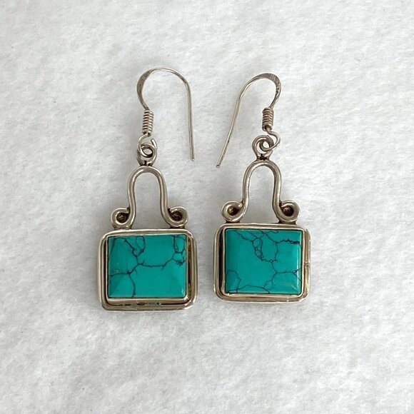 Sterling Silver 925 1.64" Rectangular Bezel Set Faux Turquoise Dangle Earrings - Picture 11 of 16